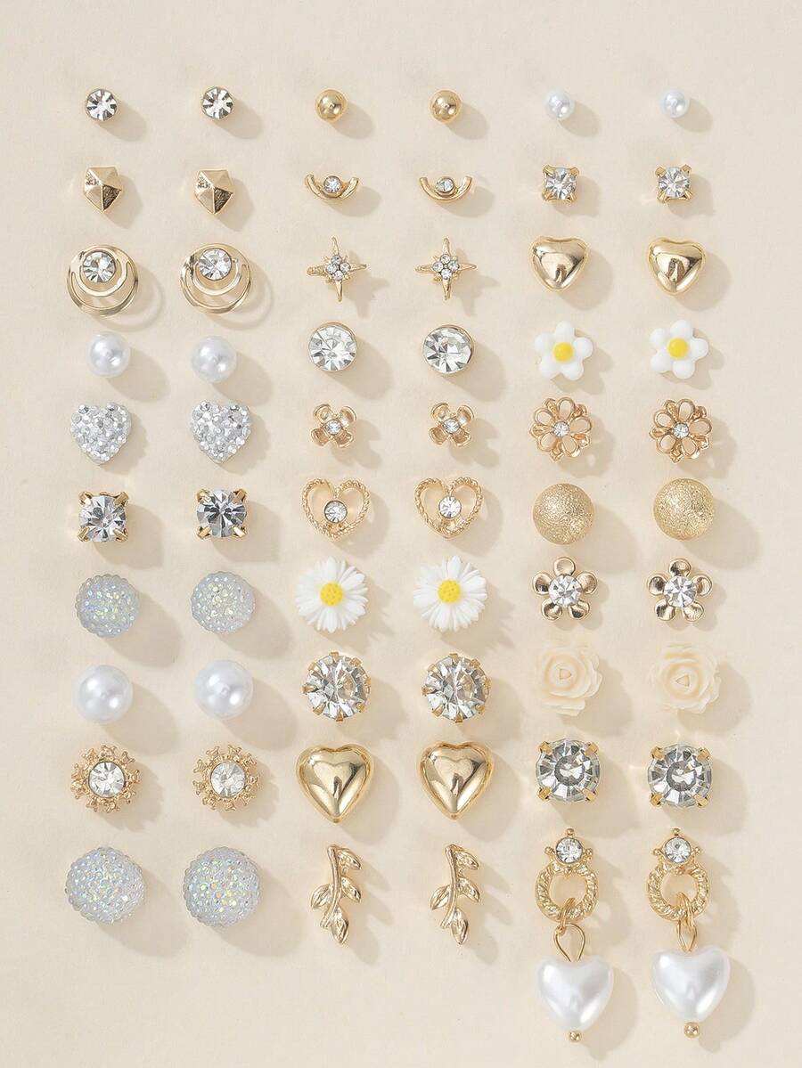 Set Of 30 Pairs Fashion Minimalist Stud Earrings Cute Daisy Star Heart Leaf Multi- Combination Ear Jewelry Suitable For Dating Vacation Wear Holiday Gift - Yellow Gold - View 1