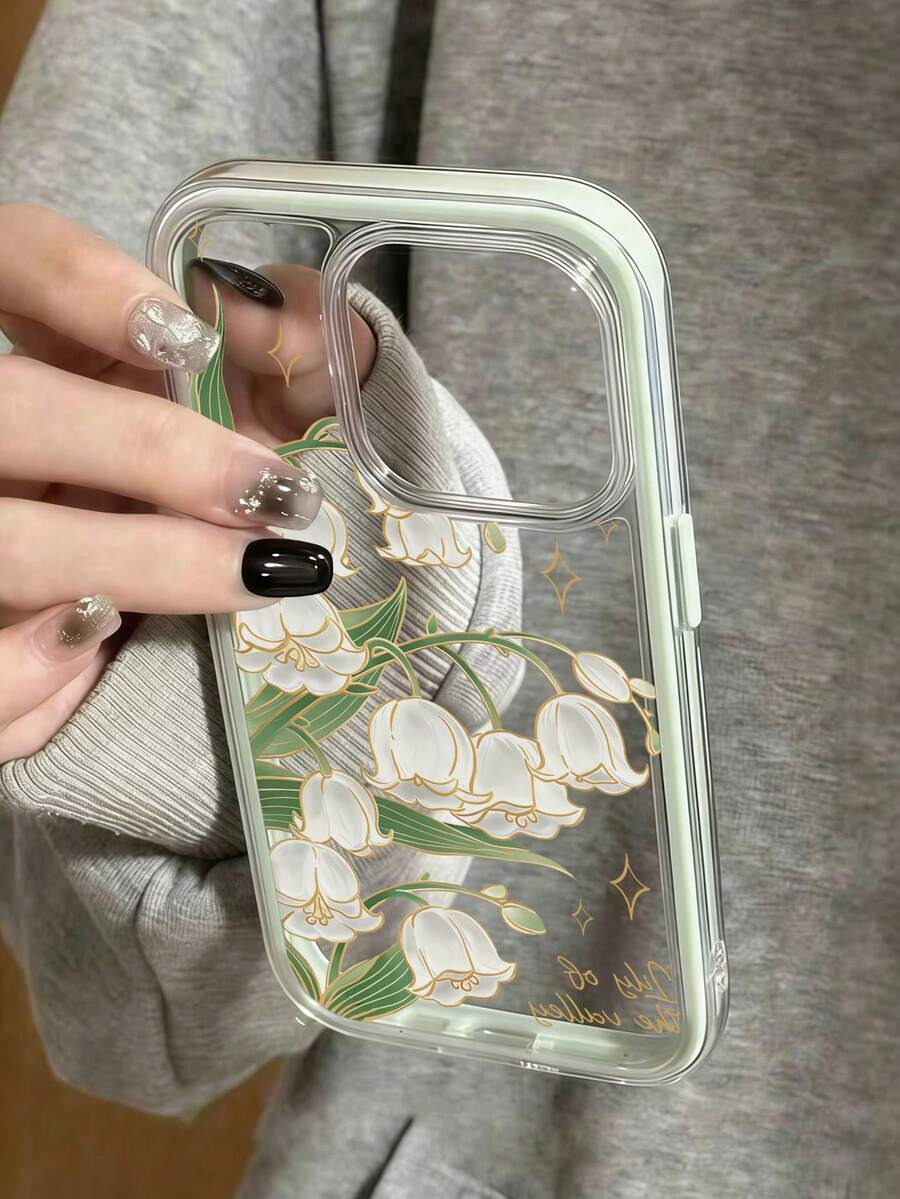 1個大孔純色舒適觸感手機殼,多款金邊白色鈴蘭2D圖案印花手機保護套,透明背蓋防黃手機保護殼,適用於 11/12/13/14/15/16/16 Pro Max 高端觸感手機殼,適用於 17/17 Pro/17 Pro Max/Air 舒適軟殼手機保護套,節日禮物、生日禮物、手機殼 - 綠色 - 查看 1
