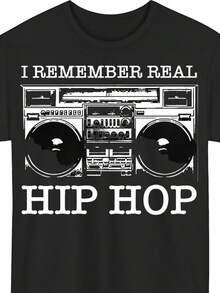 Camiseta de hombre de cuello redondo con estampado de hip-hop, camiseta ligera de verano, estampada con la frase "Recuerdo el hip-hop real", ajuste regular, prenda superior casual, adecuada - Negro - Ver 1