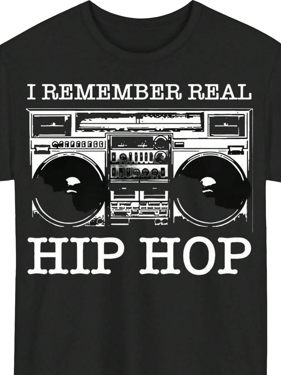 Camiseta de hombre de cuello redondo con estampado de hip-hop, camiseta ligera de verano, estampada con la frase "Recuerdo el hip-hop real", ajuste regular, prenda superior casual, adecuada - Negro - Ver 1