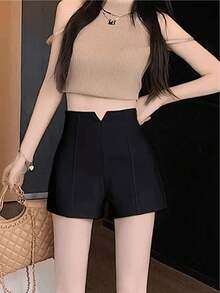 CZJ Pantalones cortos de traje de corte A de talle alto en color liso para mujer - Negro - Ver 8