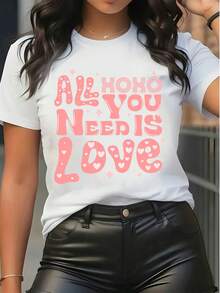 Women's Pure Cotton Short-Sleeve Graphic Tee All You Need Is Love Print Casual Summer Top - White - View 1