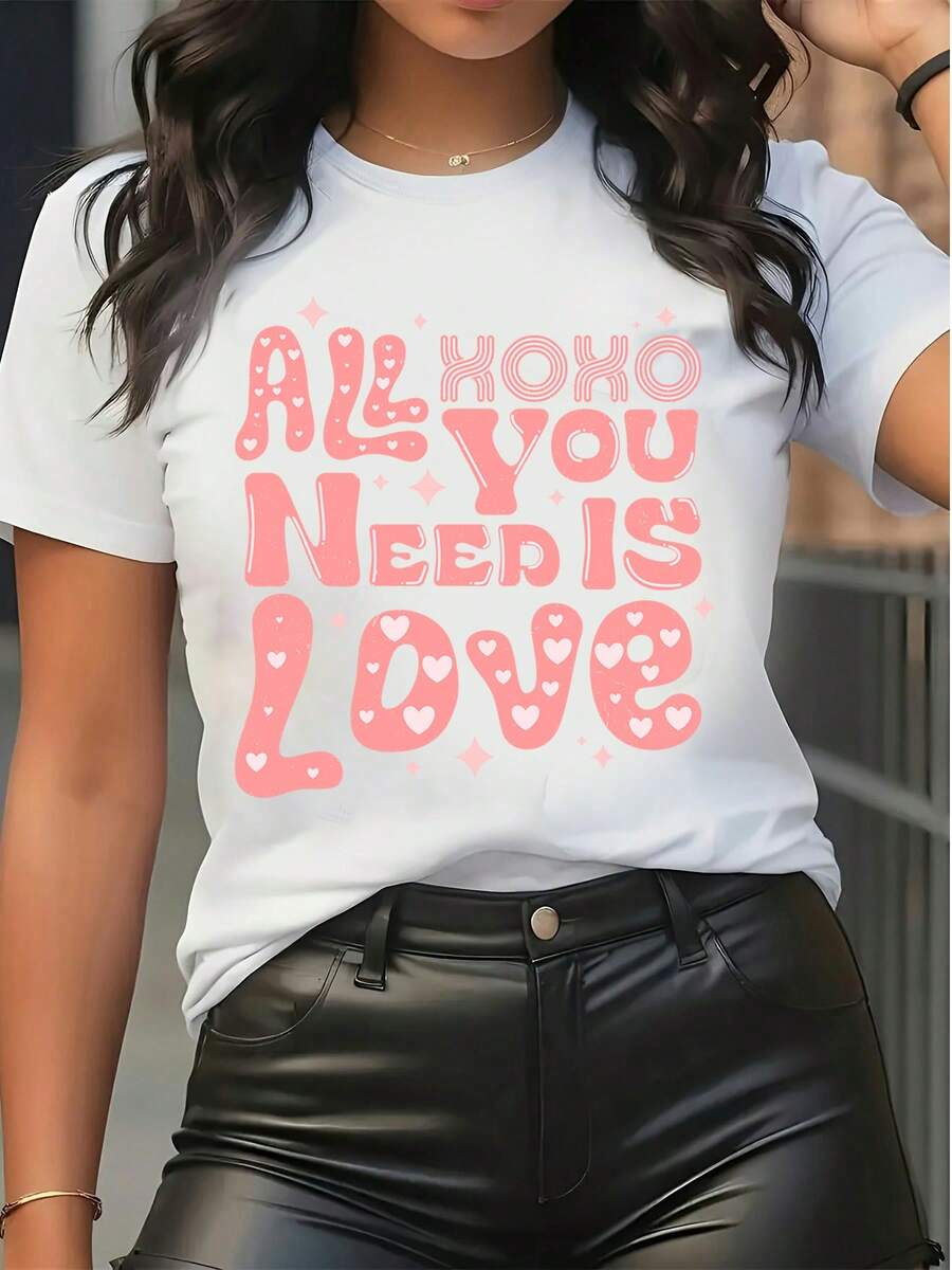 Women's Pure Cotton Short-Sleeve Graphic Tee All You Need Is Love Print Casual Summer Top - White - View 1