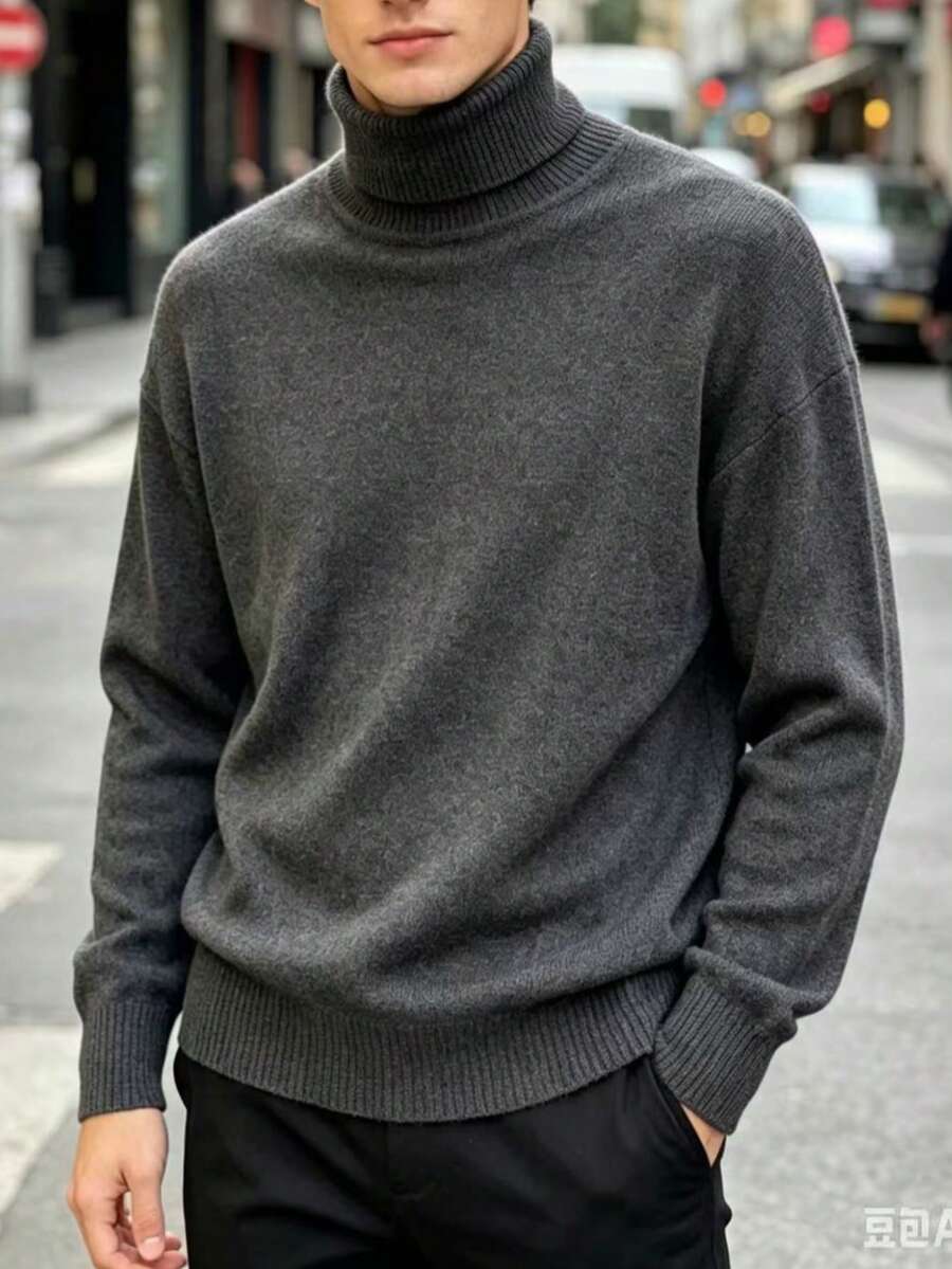 Manfinity Mode Men's Turtleneck Sweater, For Fall And Winter - Dark Grey - View 1
