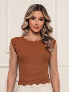 ONLYONE - Modal Cropped Blouse With Japanese Sleeves And Wave Detail At The Hem - Women's Blouses, Knit Blouses - 駝色 - 查看 4