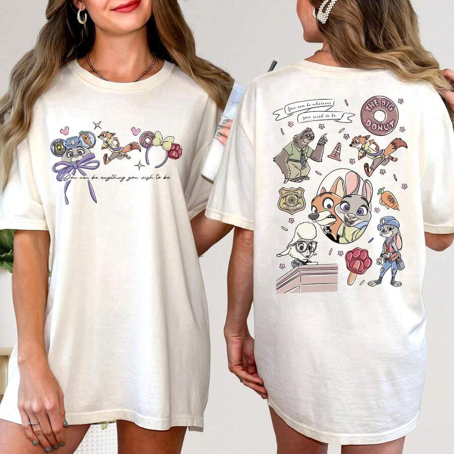 Loose Oversize Comfort Color® Zootopia Tee, Judy Hopps & Nick Wilde Print Shirt, Zootopia Friends Top, Ideal For Disney Vacation & Daily Wear - 白色 - 查看 1