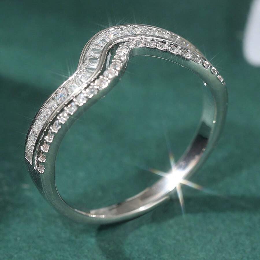 1pc Elegant Luxury Double-Layer Cubic Zirconia Ring Set For Women, Suitable For Wedding And Engagement Occasions, Exquisite And Eye-Catching - Silver - View 1