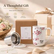 - Taza de t de porcelana con infusor y tapas, colador de taza de caf de 18 onzas con soporte para bolsa para t de hojas sueltas, taza de caf para inauguracin de la casa, regalo de - Rosado - Ver 8