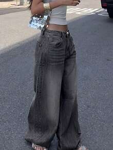Jeans anchos de ajuste holgado y casual para mujer, versátiles para el uso diario y el estilo callejero en primavera - Gris Oscuro - Ver 3