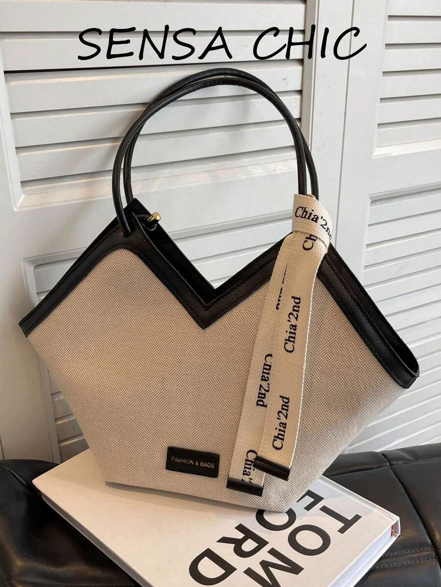 New Fashion Versatile Color Block Design, Grooved Design, Large Capacity Dual Handle Shoulder Tote Bag, Suitable For Travel, Shopping, Commuting, Decorated With Scarf Pattern, Elegant Women's Wallet, Business Commuter Wallet