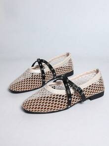 [Qishangda] Scarpe da donna con punta tonda in microfibra e rete traspirante, con cinturino singolo, piatte, taglie grandi, sandali Mary Jane in rete intrecciata, scarpe alla moda piatte con cinturino singolo e design traforato - Bianco e nero - Visualizzare 5