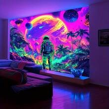 Interstellar Astronaut Tapestry - UV Reactive Polyester Party Backdrop, Glow-In-The-Dark Space Exploration Wall Decor, Summer Holiday Decoration, No Electricity Needed - Multicolor - View 10