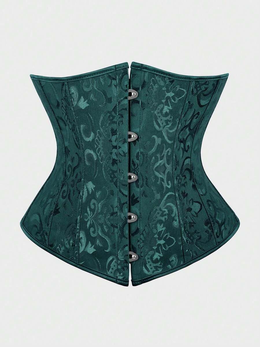 Underbust Corsets For Women,Corset Belt, Women's Floral Jacquard Lace Up Under Boob Corset Slimmer Body Shaper - 墨綠色 - 查看 1