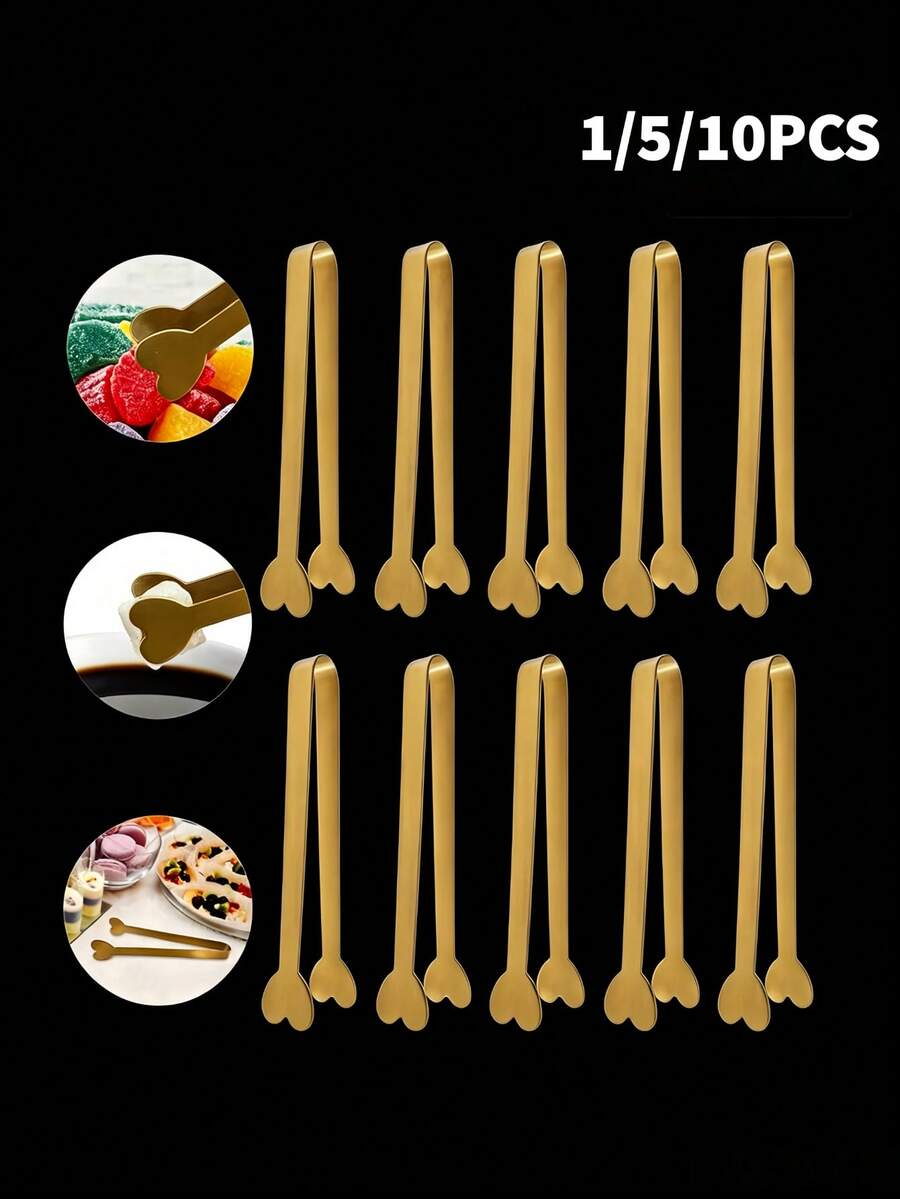 1/5/10 piezas Pinzas de azúcar con forma de corazón de acero inoxidable, pinza de cocina, pinza de postre, pinzas de servicio mini doradas de lujo, pinzas de alimentos para el hogar, pinzas de aperitivos de cocina, para snacks/galletas/galletas/frutas, cocina del hogar, restaurantes, fiesta, vajilla de boda
