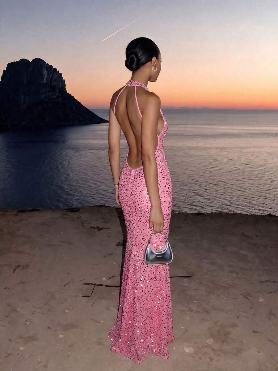 Elegant Sparkly Backless Dress For Women, Romantic Party, Wedding, Graduation, Formal Occasion Pink Fall - Pink - View 1