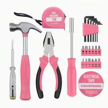 24pcs Pink Home Repair Tool Set, Portable Manual Tool Kit With Hammer, Vise, Wrench, Screwdriver, Etc., Suitable For DIY Projects And Car Emergency Repair, Fashionable Pink Tool Set With Neat Storage Design - 24Pcs Set-Pink - View 12