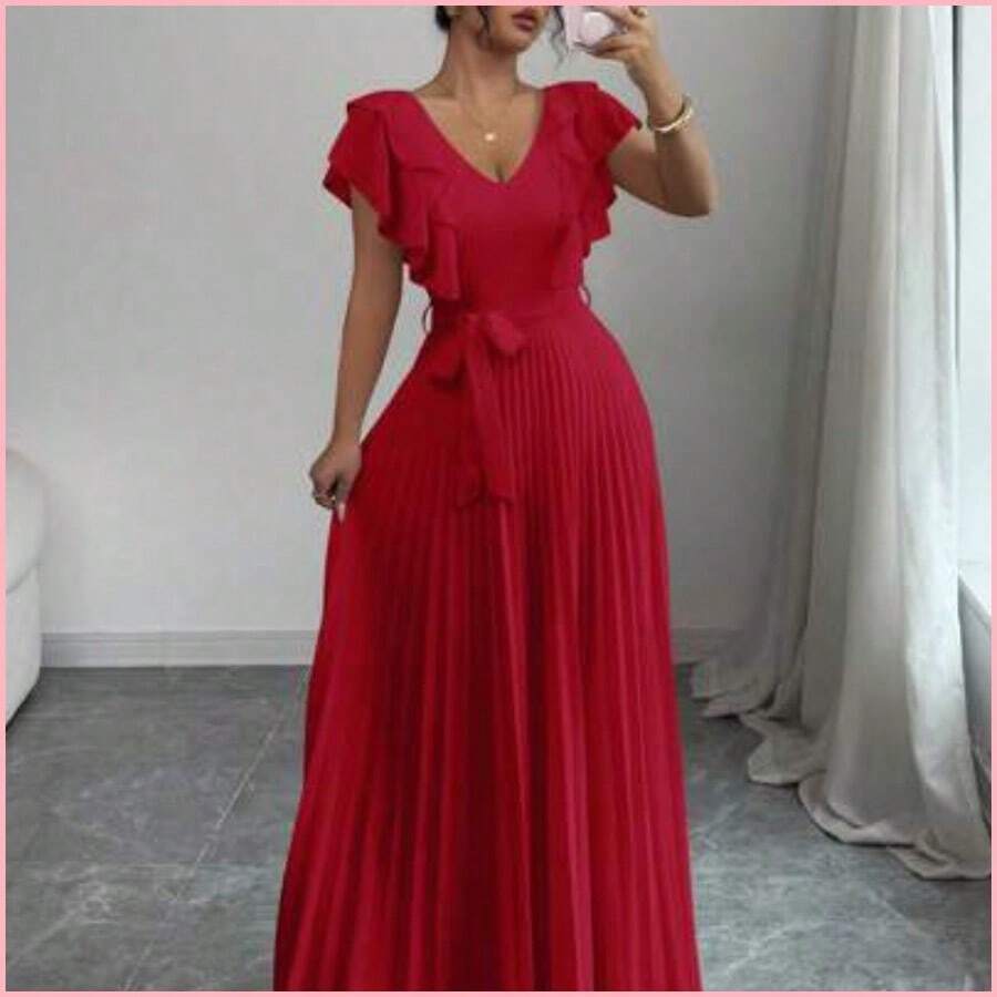 Vestido elegante y romántico para mujer con cuello en V, con volantes en la cintura y silueta evasé - Rojo - Ver 1