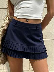 1pc Solid Color Minimalist Short Skirt, Collegiate Style, Spring/Summer, New Arrival - Navy Blue - View 3