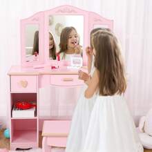 Kids Vanity Set,Kids Vanity Table And Chair Set,Wood Makeup Vanity Desk With Tri-Folding Mirror And Stool,Children Makeup Dressing Table With 3 Drawers,4 Storage Shelves & Accessories For Girls - Pink - View 7