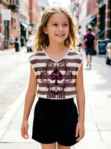 Set de 2 piezas de top sin mangas con cuello en V con estampado de rayas y lazo, y pantalones cortos rectos con volantes en el bajo, para niñas, estilo casual, para primavera/verano - Negro - Ver 1