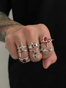 6piezas/Set Conjunto de Anillos Huecos con Pedrería para Hombres, Elegante & Lujoso, Exquisito & Brillante, Adecuado para Atuendos de Estilo Callejero de Lujo Ligero - Plateado - View 7