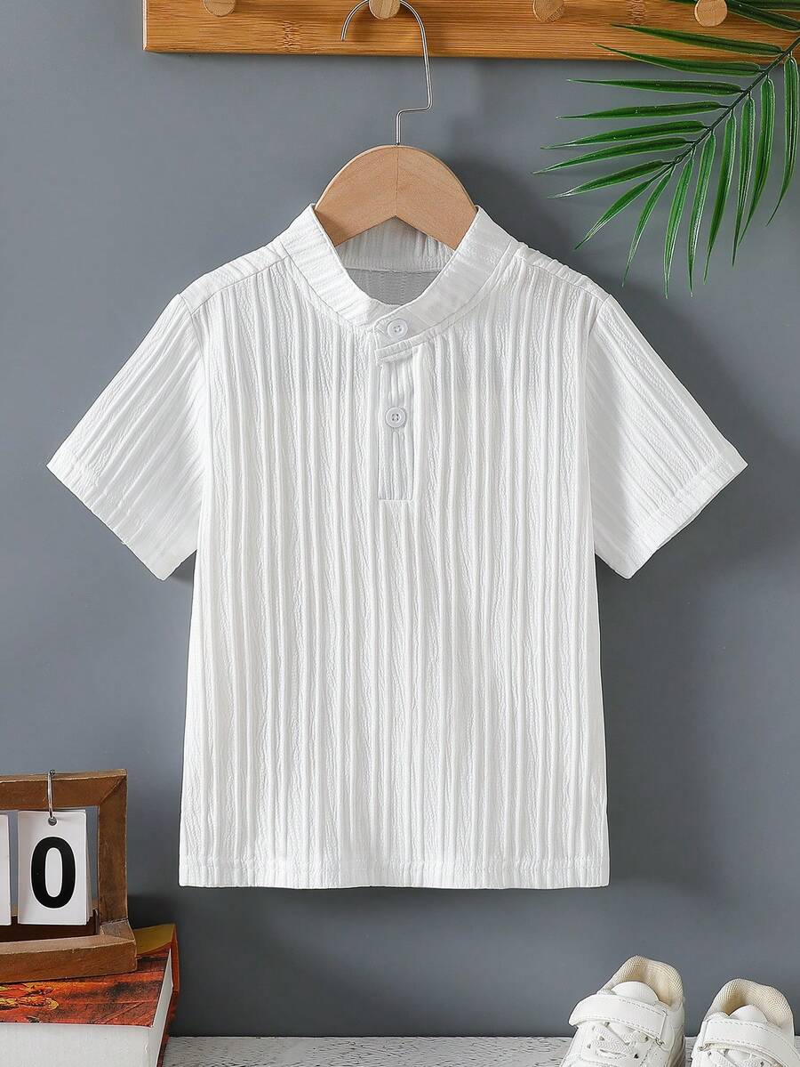 夏季男童純色亨利領短袖 Polo 羅紋舒適休閒百搭上衣,適合上學穿著 - 白色 - 查看 1