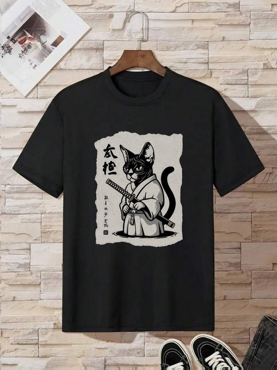 Cotton T-Shirt For Boys Cat Samurai - Black - View 1