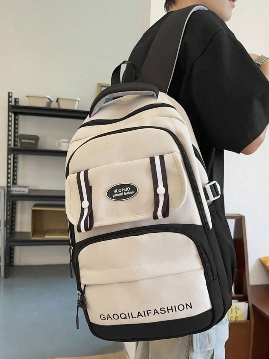 Large Capacity Color Block School Backpack | Beige & Black Bag With Logo & Striped Details | School/Travel/Commute | Bag,Y2k - Multicolor - View 1