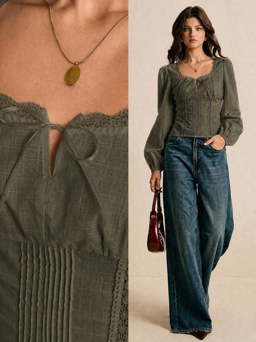2026 Nuevo Blusa de manga larga con cuello cuadrado de encaje y parches de unicolor para mujer - Verde militar - Ver 1