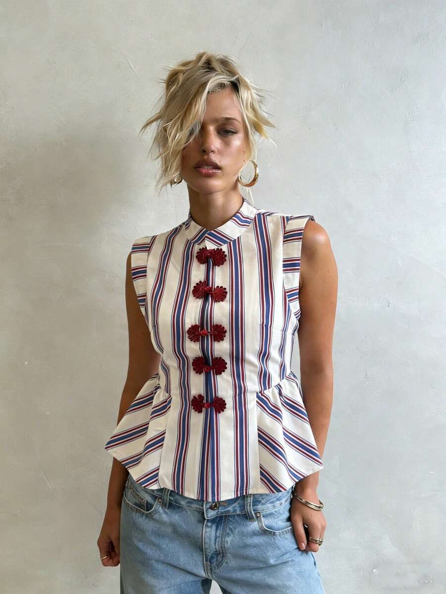 Top Mujer de Rayas Rojas y Blancas sin Mangas con Lazo Frontal Peplum Ajustado Verano Playa Vacaciones - Morado Violeta - Ver 1