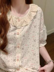 2pcs/Set Women's Pajama Homewear Set, Cute Animal Print Open Front Lace Collar Short Sleeve Simple Casual Shorts, Suitable For Spring And Summer, Can Be Worn Outdoors - White - View 4