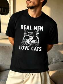 Men's Funny Cat Print T-Shirt, Black, Crew Neck, Loose Fit, Casual, Comfortable, Unique Graphic Print - Black - View 2