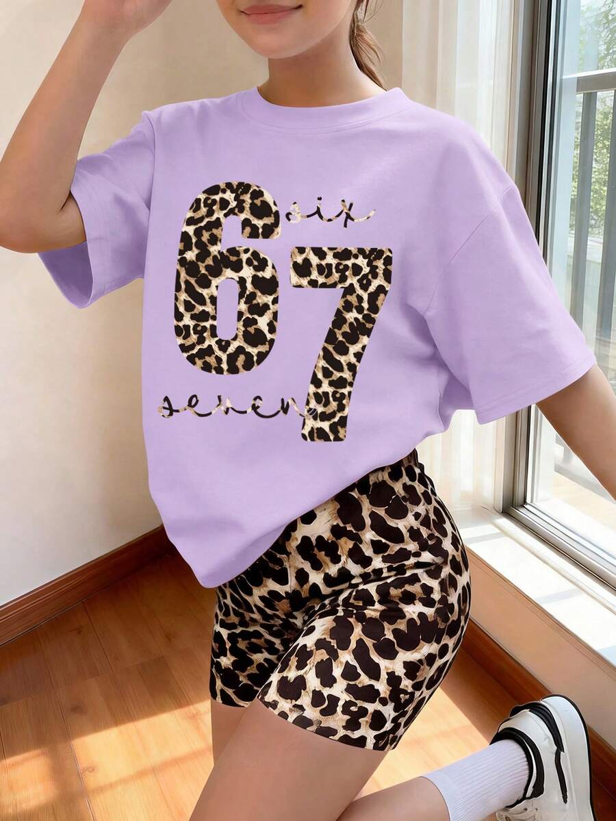 返校季 2件組 青少年女孩豹紋「67」字母印花短袖T恤與豹紋短褲套裝,日常穿著百搭時尚夏季套裝 - 淡紫色 - 查看 1