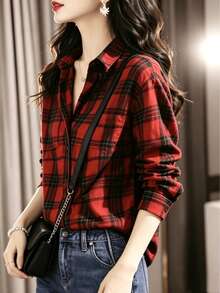 Vintage Red & Black Plaid Shirt For Women, Loose Brushed Long Sleeve Top, Ladies Casual Versatile Layering Jacket For Autumn - Red - View 5