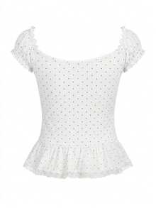 Women's Polka Dot Print Lace Trim Tie Waist Ruffle Hem T-Shirt White Casual Summer - White - View 3