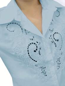 New 2026 Model:Novedad 2022: Cárdigan de solapa de color liso para mujer con blusa de manga larga con bordados y recortes para sitios independientes transfronterizos europeos y americanos - Cielo azul - Ver 4