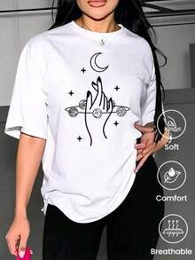 Camiseta de cuello redondo y mangas cortas de ropa fashion, fabricada en México, para la temporada primavera-verano 2025. Con estampado de dibujos animados, es un modelo de pareja, apta para - Negro - Ver 1