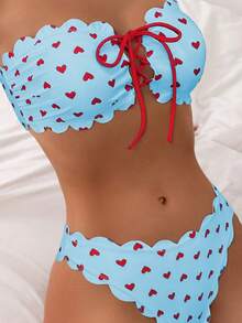 Nuevo modelo 2026:Traje de Baño Bikini con Volantes y Lazo Rojo en Forma de Corazón, Multicolor y  para Mujer - Cielo azul - Ver 2