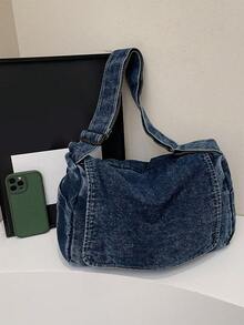 美式復古極簡水洗加厚深灰色帆布包，百搭大容量通用女款斜背包，學院風學生書包，休閒時尚郵差包，拉鍊翻蓋開合，可折疊布包，旅行包，極簡街頭風布包，波希米亞風格包 - 藍色 - 查看 3