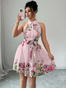corto sin mangas con estampado floral y cinturón, adecuado para vacaciones de verano - Multicolor 13 - Ver 14
