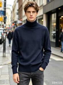 Manfinity Mode Men's Turtleneck Sweater, For Fall And Winter - Navy Blue - View 1
