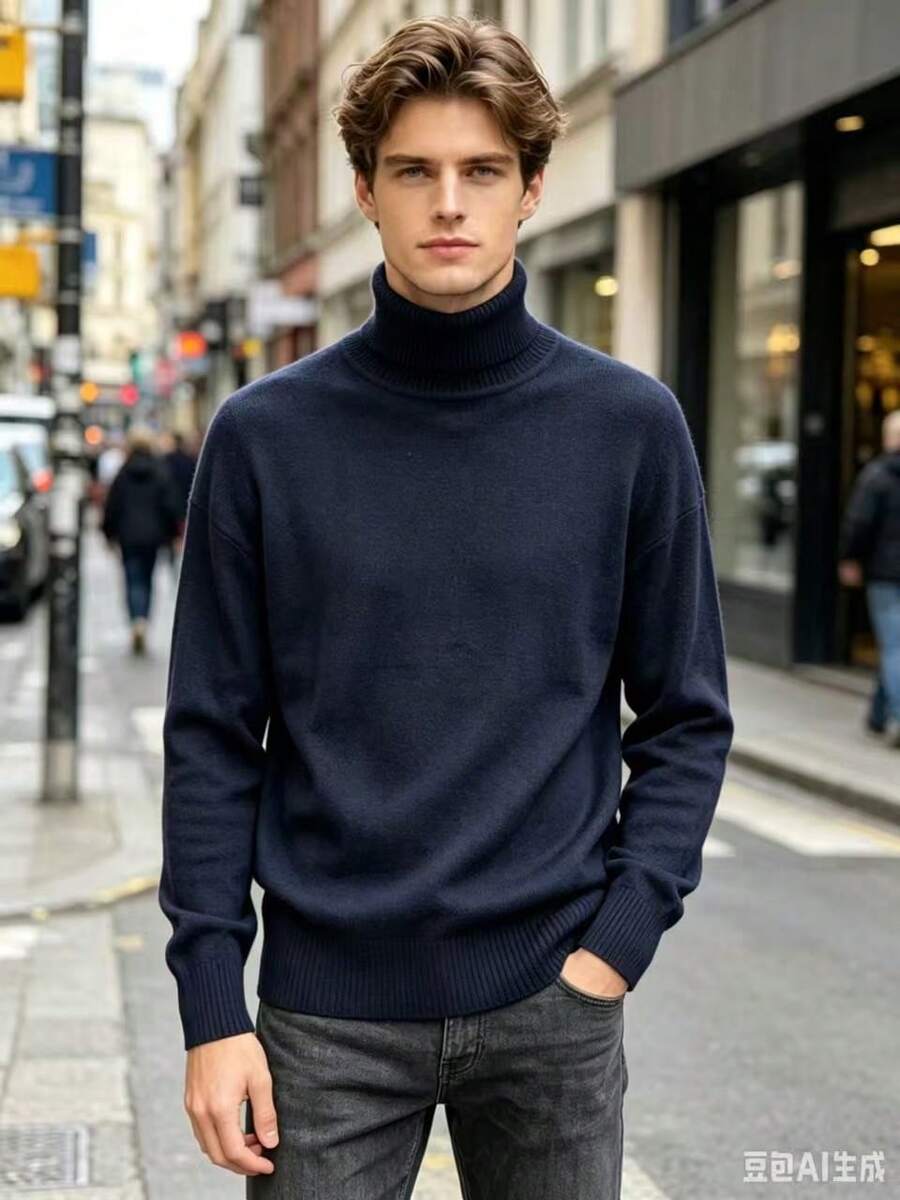 Manfinity Mode Men's Turtleneck Sweater, For Fall And Winter - Navy Blue - View 1