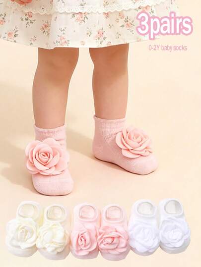 3 Pairs Sweet & Cute Floral Decor Cotton Boat Socks For Baby Girls, Suitable For 0-2 Years Old Infants Indoor Wear, First Birthday Party Wear, As A Gift