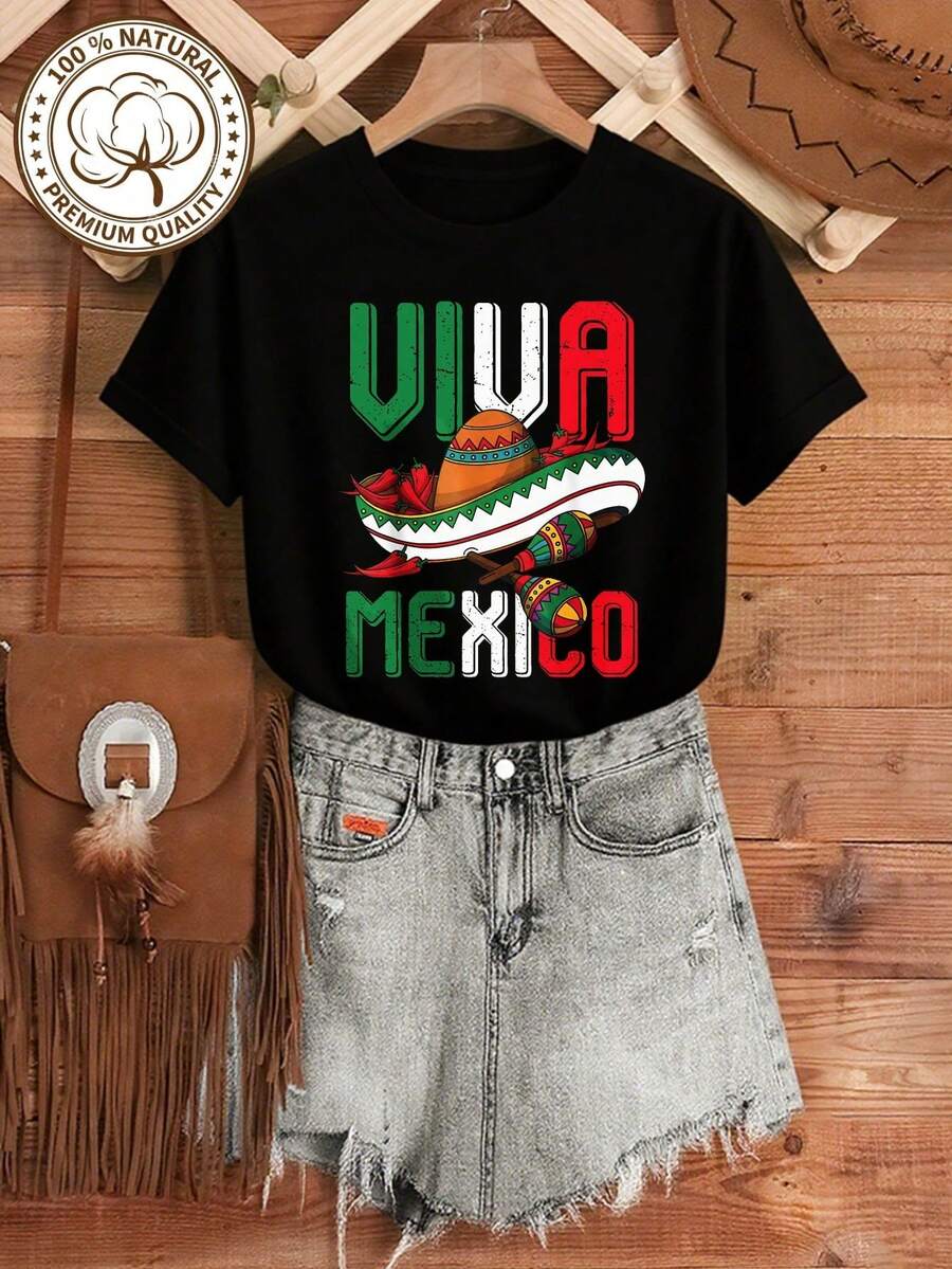 MYAZUL Women's Soft Cotton T-Shirt With Viva Mexico Fiesta Print, Cinco De Mayo Gift, Summer Clothes, Fashionable Women's Dresses, Casual, Perfect For All - 黑色 - 查看 1