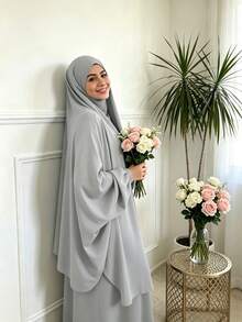 2件組 Nida面料女款寬鬆舒適Khimar長袍套裝，適合日常外出與祈禱穿著，四季皆宜，穆斯林伊斯蘭服飾Khimar頭巾祈禱吉爾巴布 - 彩色 - 查看 10