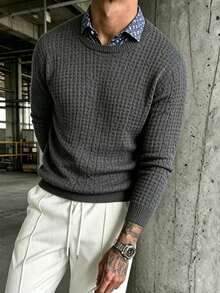 Men's Casual Jacquard Knit Crew Neck Long Sleeve Sweater - Dark Grey - View 1