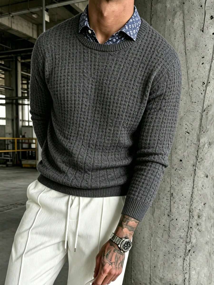 Men's Casual Jacquard Knit Crew Neck Long Sleeve Sweater - Dark Grey - View 1