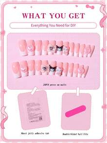 SANRIO 三麗鷗 Hello Kitty 24片中型棺材形白色法式穿戴式假指甲，可愛 Hello Kitty&Kuromi、蝴蝶結、愛心、珍珠與水鑽設計，春夏美甲，完美貼合壓克力假指甲組，適合女孩日常與派對使用 - 彩色 - 查看 4