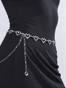 1pc Hollow Heart-Shaped Rhinestone Waist Chain, Shiny Adjustable Body Chain, Women's Dress Accessory - Silver - View 2