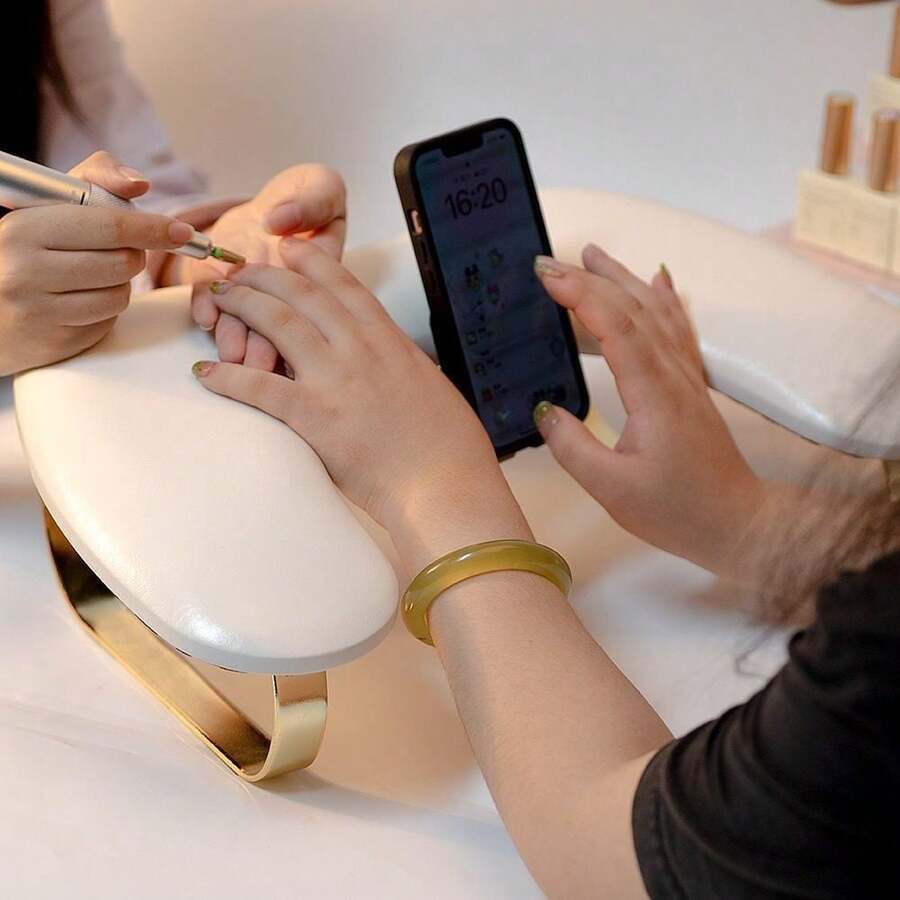 U-Shaped Manicure Hand Rest With Butterfly Metal Legs, Phone Holder, And Light Luxury PU Hand Cushion - White - View 1
